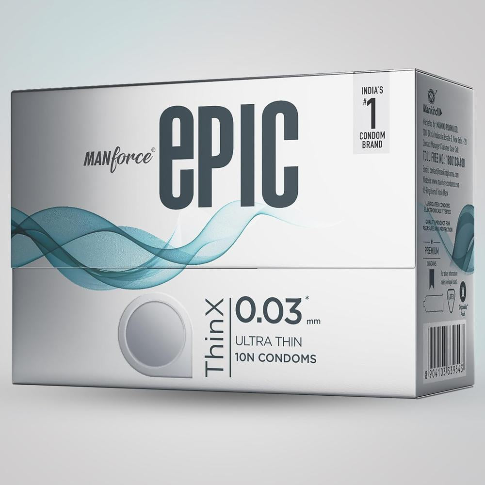 Manforce Epic Thinx Lubricated Latex Condoms for Men - Ultra Thin with 0.03 mm Thickness (10 pcs)