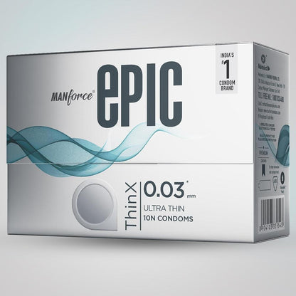 Manforce Epic Thinx Lubricated Latex Condoms for Men - Ultra Thin with 0.03 mm Thickness (10 pcs)