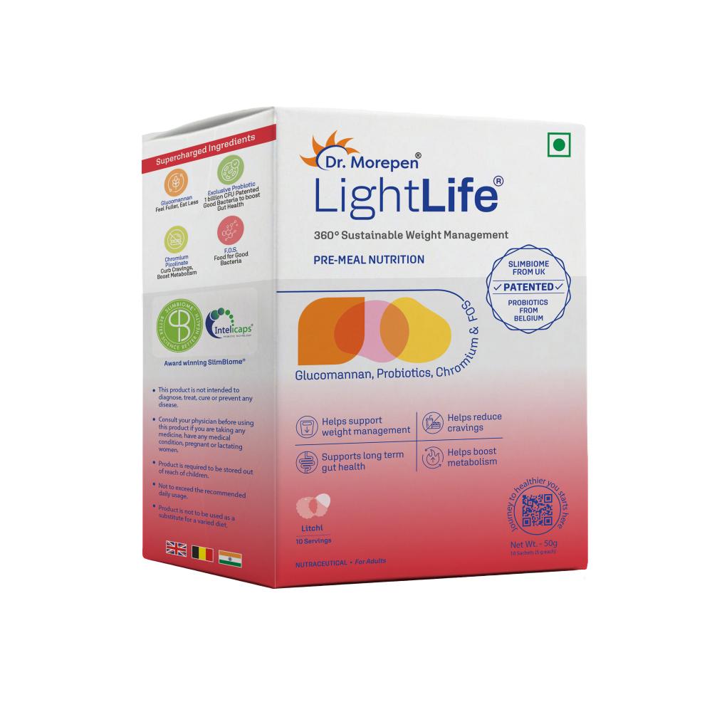 Dr. Morepen LightLife Pre-Meal Nutrition Mix, Litchi Flavor - 5g Each (10 Sachets)