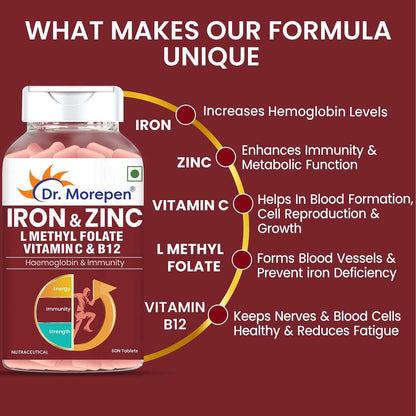 DR. MOREPEN Iron & Zinc Tablets with Vitamin C & B12 for Immunity & Hemoglobin Boost- (60 Veg Tablets)