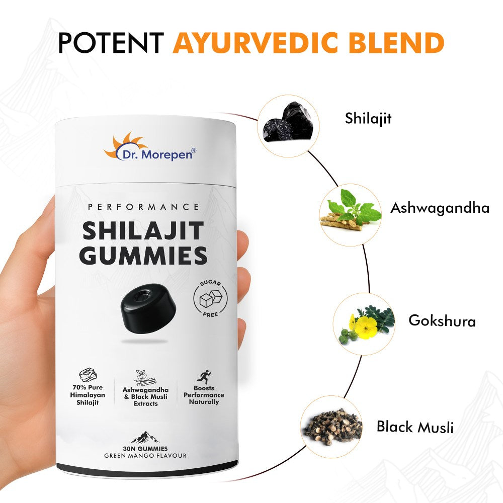 Dr. Morepen Shilajit Gummies with 70% Pure Himalayan Shilajit, Ashwagandha & Black Musli Extracts, Sugar-Free Performance Booster  Green Mango Flavour, 30 Gummies