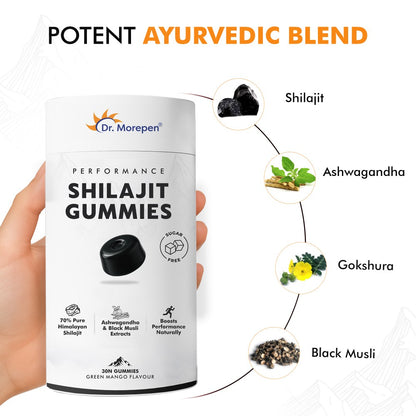 Dr. Morepen Shilajit Gummies with 70% Pure Himalayan Shilajit, Ashwagandha & Black Musli Extracts, Sugar-Free Performance Booster  Green Mango Flavour, 30 Gummies