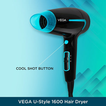 Vega Hair Dryer For Women & Men With Cool Shot Button (U-Style Dryer 1600 Watts)