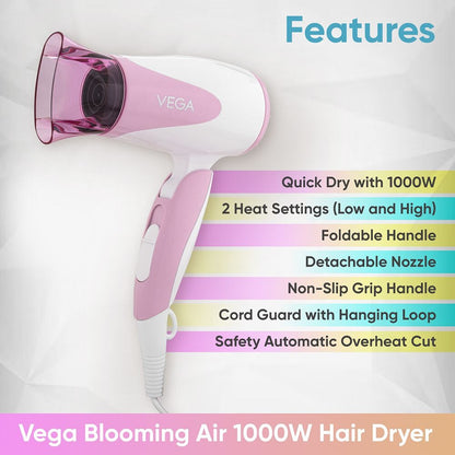 Vega Blooming Air Foldable 1000 Watts Hair Dryer With Heat & Cool Setting