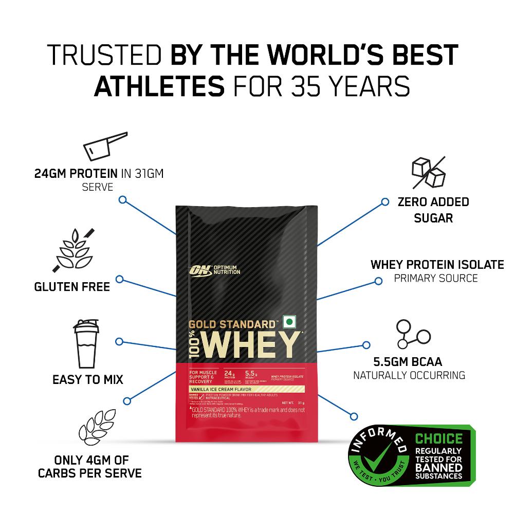 Optimum Nutrition Gold Standard 100% Whey - Vanilla Ice Cream -  Single Serve Sachets- Pack of 5 (5 X 31 gms)