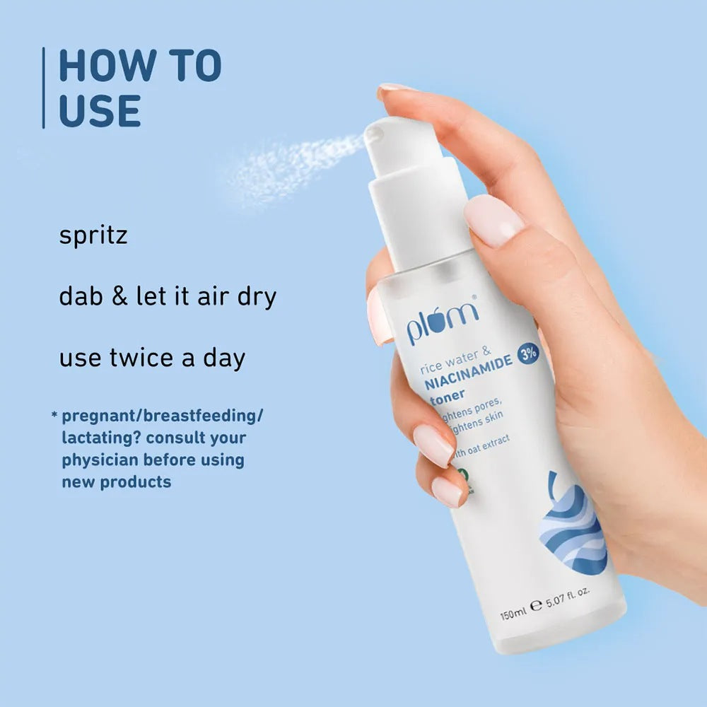 Plum 3% Niacinamide Alcohol-Free Toner with Rice Water, Reduces Pores & Blemishes for Bright Skin (150ml)