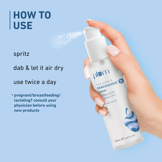 Plum 3% Niacinamide Alcohol-Free Toner with Rice Water, Reduces Pores & Blemishes for Bright Skin (150ml)