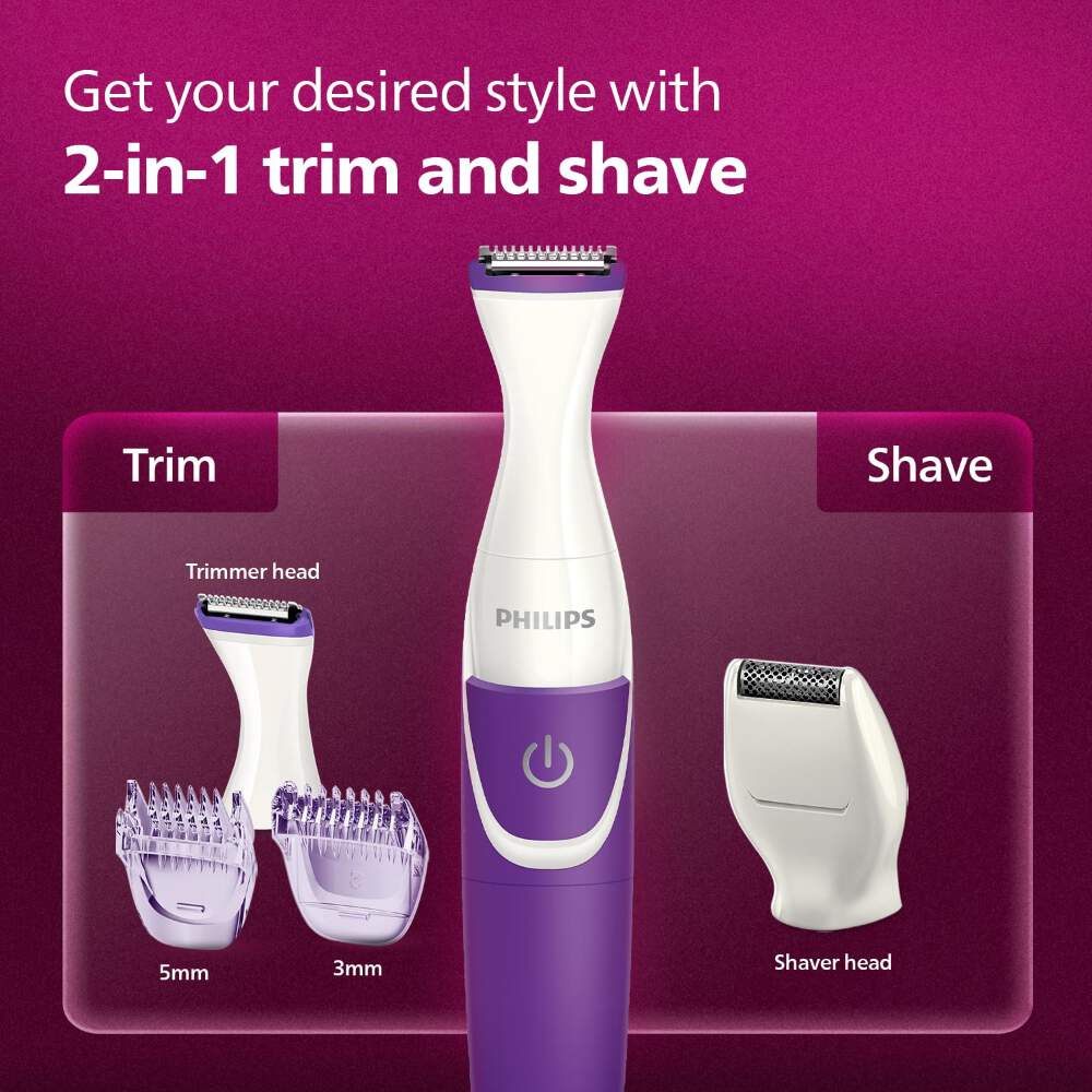 Philips BRT383/15 Rechargeable Cordless Wet & Dry Trimmer for Women, Bikini Trimmer with 3 Length Settings, 180mins Runtime