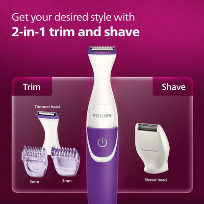 Philips BRT383/15 Rechargeable Cordless Wet & Dry Trimmer for Women, Bikini Trimmer with 3 Length Settings, 180mins Runtime