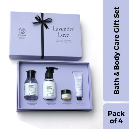 Brillare Lavender Love Gift Box | Lavender & Coconut Body Wash, Body Lotion, Lip Balm & Hand Crème | Soothing & Calming Skincare For All Skin Types (Pack of 4)