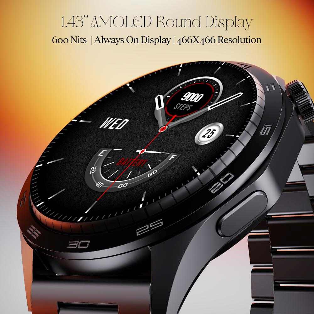 boAt Enigma Radiant Men's Luxury Watch w/Functional Crown,Bluetooth Calling, Upto 6 Days Battery, Sports Modes, Guided Breathing, 1.43"(3.63 cm) AMOLED Display Fitness Smart Watch (Metal Black)
