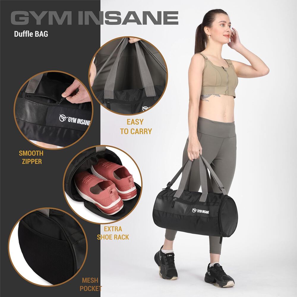 GYM INSANE Midnight VOYOGEAR Polyester Duffle Bag with Shoe Compartment for Men & Women - Color Black(21 Ltr)