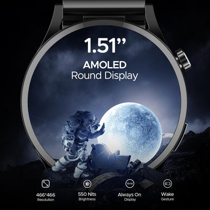 boAt Lunar Embrace w/ 1.51" (3.8 cm) AMOLED Display, BT Calling, Functional Crown, Metal-Built, 100+ Sports Mode, Animated Watch Faces, Built-in Games, Smart Watch for Men & Women (Steel Black)
