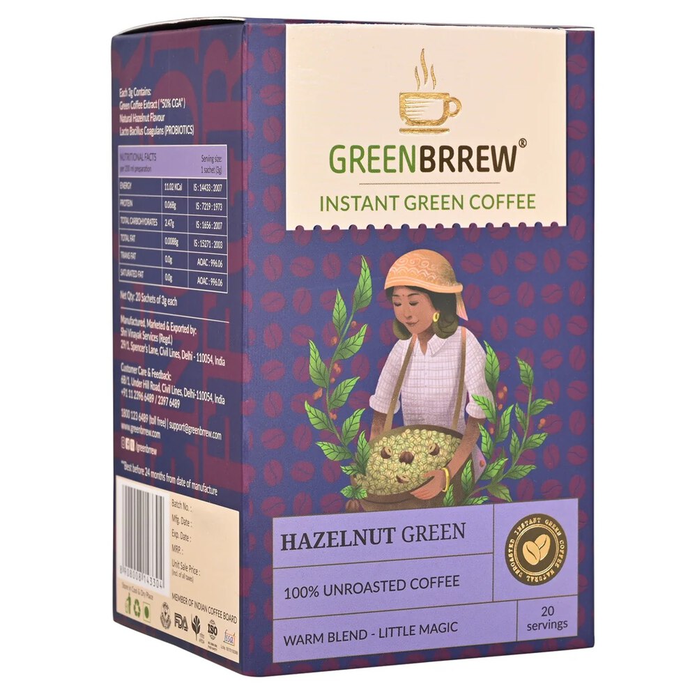 Green Brrew Instant Green Coffee-Hazelnut (20 Sachets)
