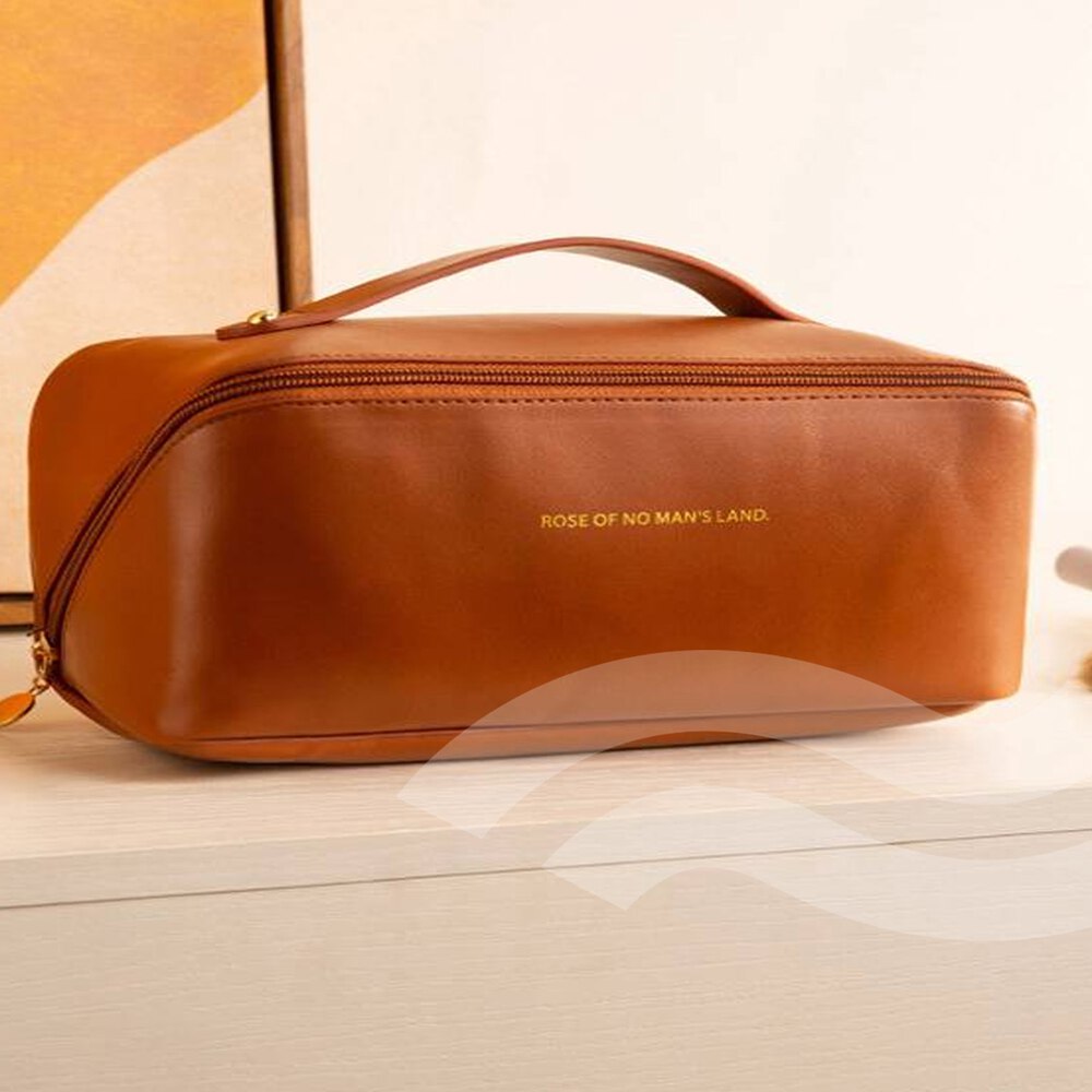 GUBB Multifunctional Travel Makeup Bag - Large Capacity Portable Leather Makeup Bag with Convinient & Durable Handle - Cosmetics Storage Bag with Waterproof PU Leather Fabric - Brown