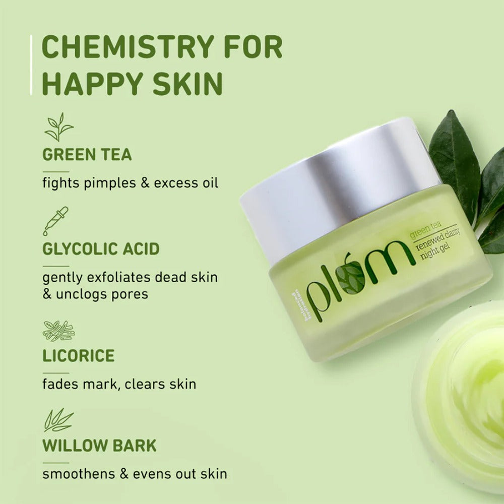 Plum Green Tea Renewing Night Gel with Glycolic Acid- Fights Acne for Clear, Oil-Free, Hydrated Skin