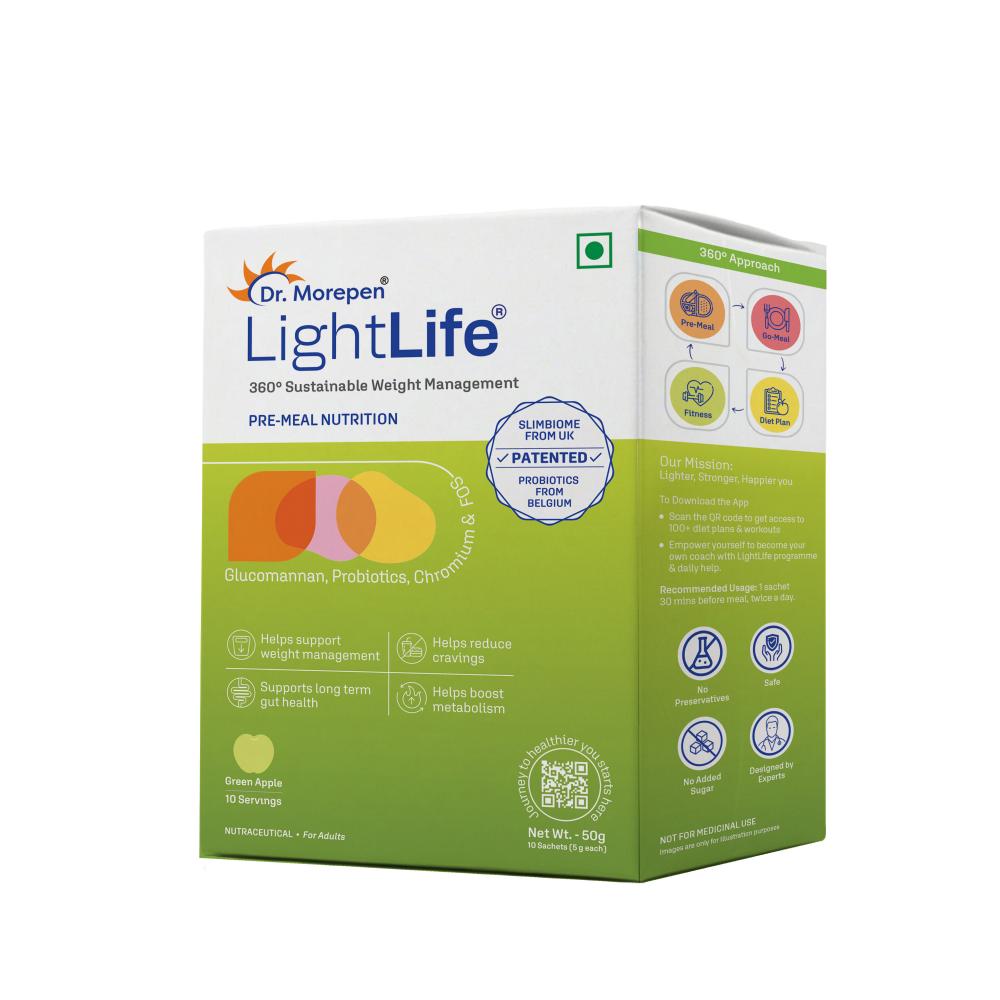 Dr. Morepen LightLife Pre-Meal Nutrition Mix | Sustainable Weight Management Support for Men & Women | Appetite Control & Metabolism Booster | 10 Sachets (5g Each) | Flavor-Green Apple