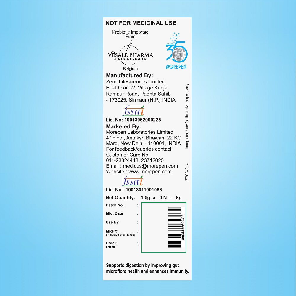 Morepen INTEBACT INSTA 5BN CFU |Probiotics Supplement for Gut Health, Vanilla flavor- (6 Sachets)