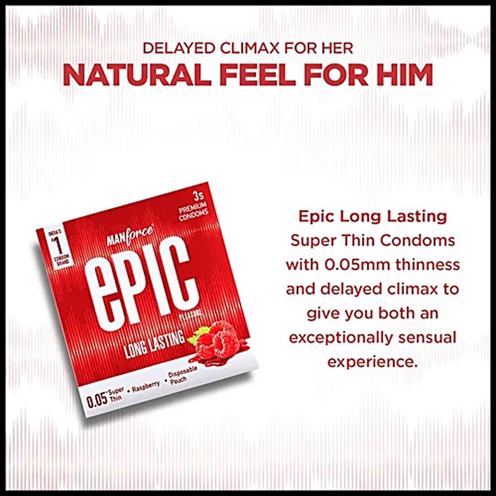 Manforce Epic Pleasure Long Lasting Premium Condom for Men, Super Thin - Raspberry Flavour with Disposable Pouch (3 pcs)
