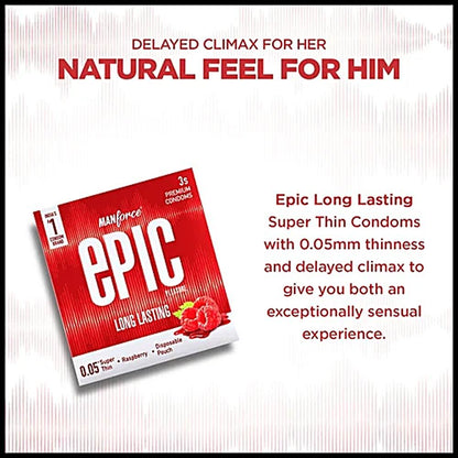 Manforce Epic Pleasure Long Lasting Premium Condom for Men, Super Thin - Raspberry Flavour with Disposable Pouch (3 pcs)