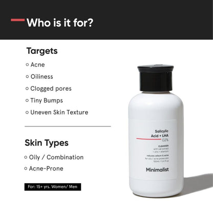 Minimalist 2% Salicylic Acid + Lha Cleanser Reduces Sebum & Acne (100ml)