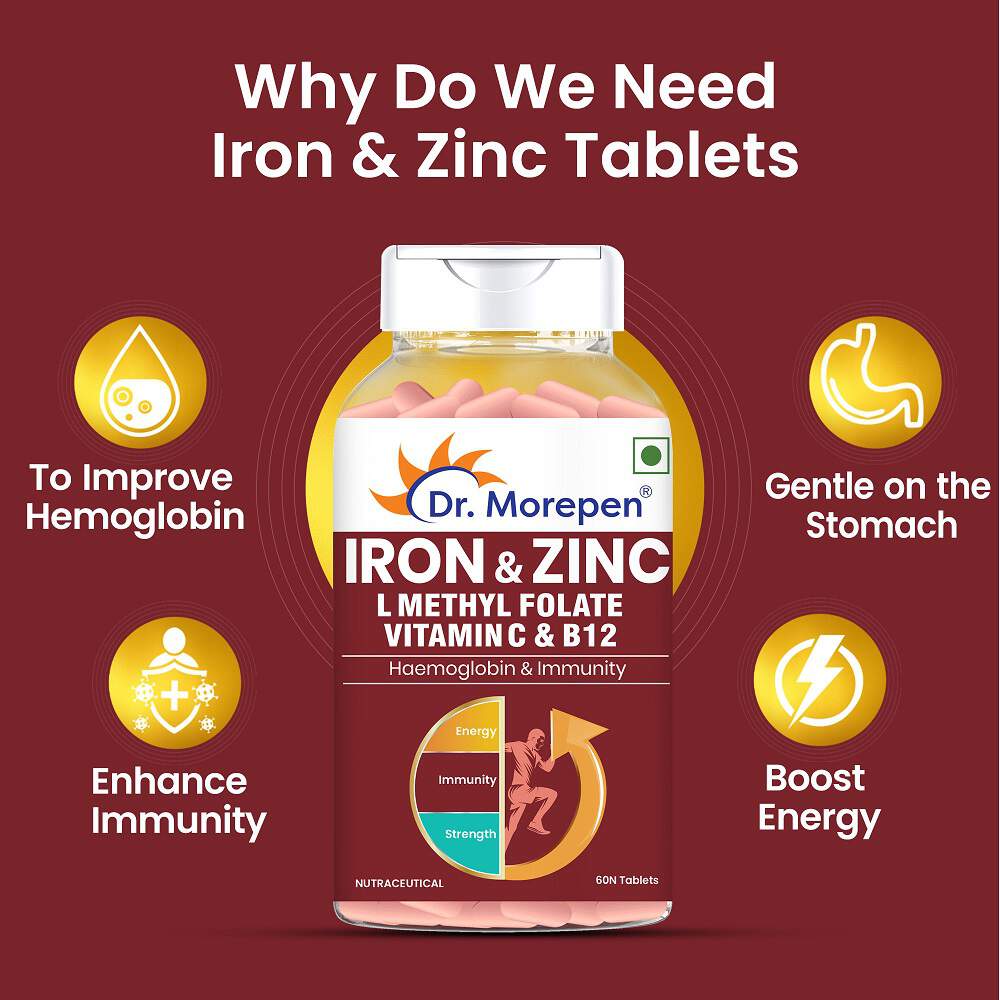 DR. MOREPEN Iron & Zinc Tablets with Vitamin C & B12 for Immunity & Hemoglobin Boost- (60 Veg Tablets)