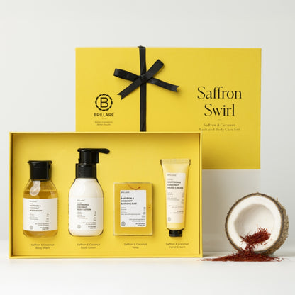 Brillare Saffron Swirl Gift Box | Saffron & Coconut Body Lotion, Body Wash, Bathing Bar & Hand Crème | Healing & Rejuvenating Skincare For All Skin Types (Pack of 4)