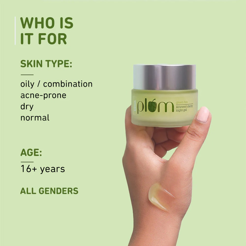 Plum Green Tea Renewing Night Gel with Glycolic Acid- Fights Acne for Clear, Oil-Free, Hydrated Skin