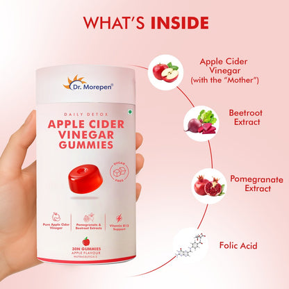 Dr. Morepen Apple Cider Vinegar Gummies with Pomegranate, Beetroot & Vitamin B12, Sugar-Free Daily Detox Supplement  Apple Flavour, 30 Gummies