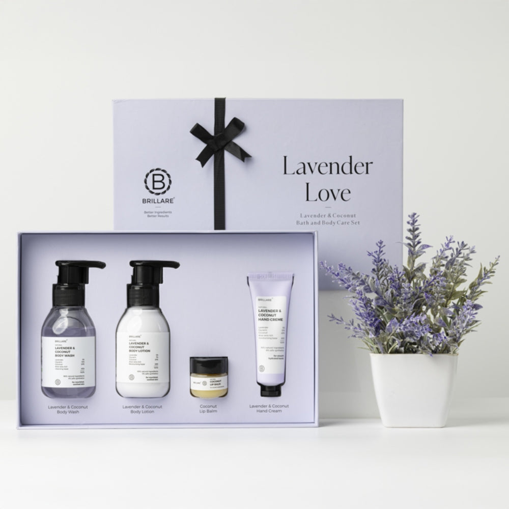 Brillare Lavender Love Gift Box | Lavender & Coconut Body Wash, Body Lotion, Lip Balm & Hand Crème | Soothing & Calming Skincare For All Skin Types (Pack of 4)