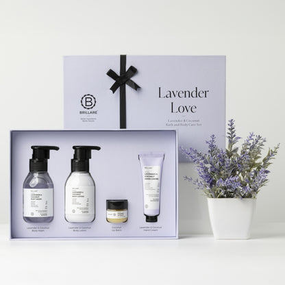 Brillare Lavender Love Gift Box | Lavender & Coconut Body Wash, Body Lotion, Lip Balm & Hand Crème | Soothing & Calming Skincare For All Skin Types (Pack of 4)
