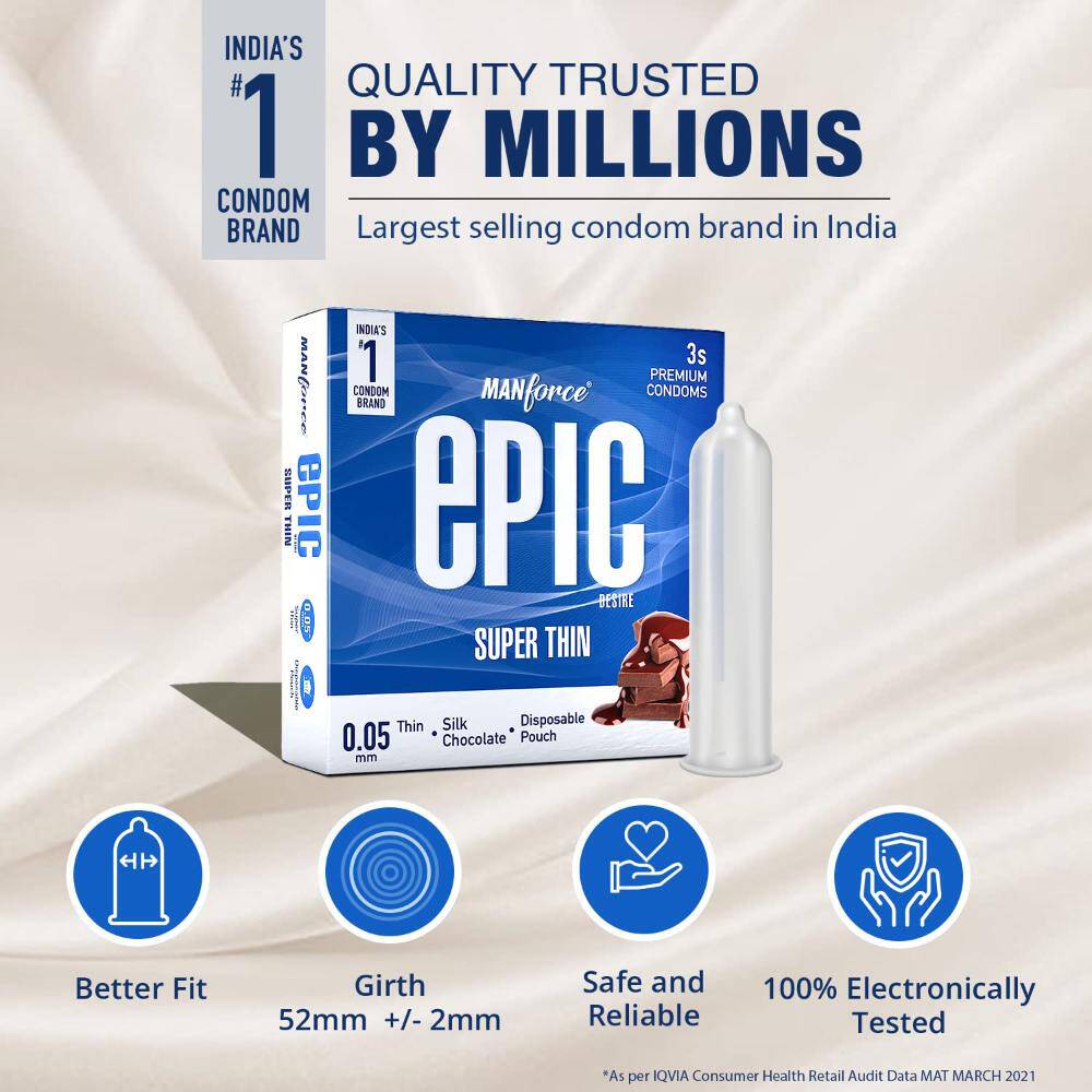 Manforce Epic Desire Super Thin Premium Condoms - Silk Chocolate Flavour with Disposable Pouch(3 pcs)