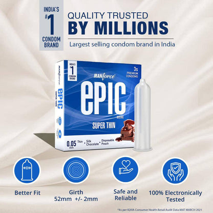 Manforce Epic Desire Super Thin Premium Condoms - Silk Chocolate Flavour with Disposable Pouch(3 pcs)