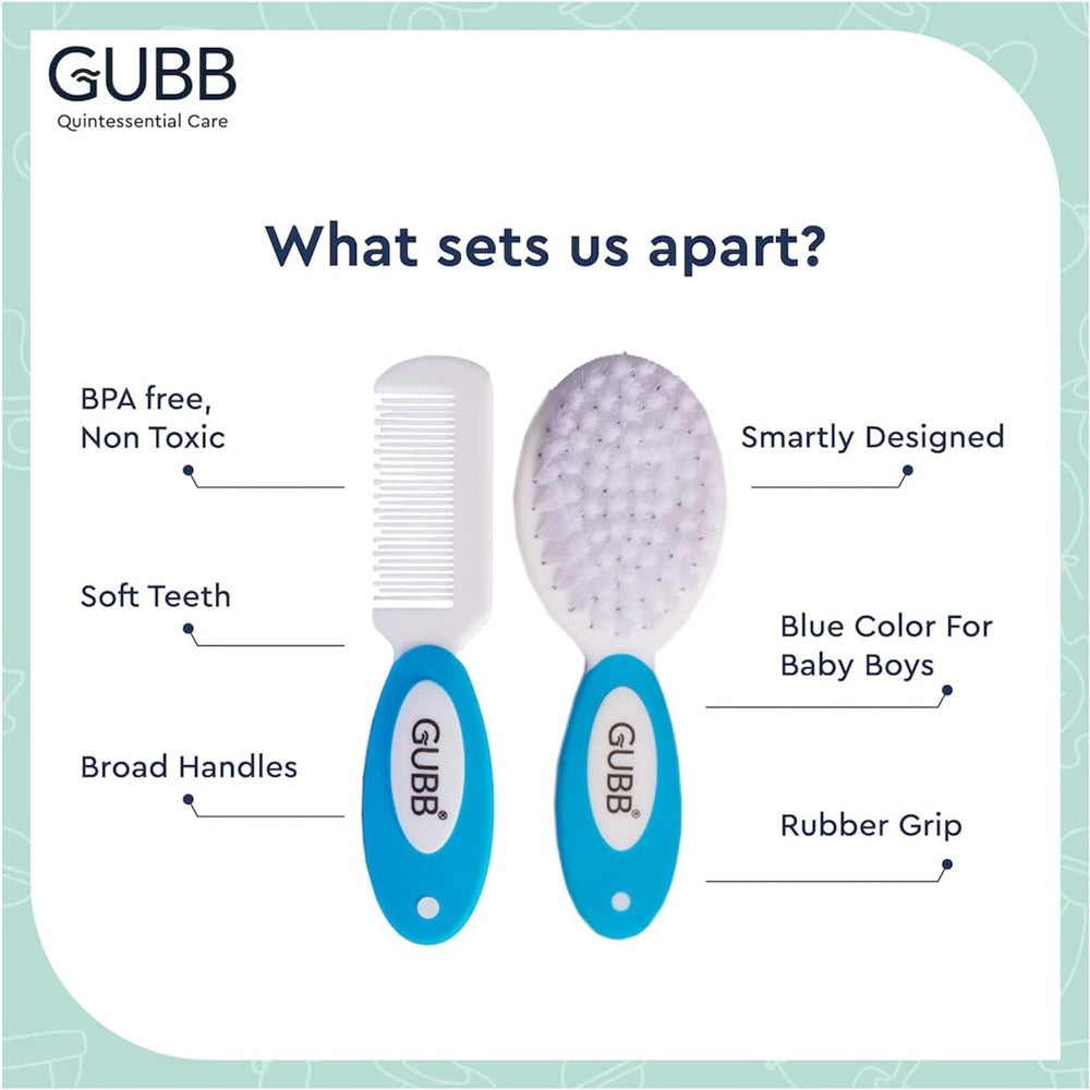 GUBB Baby Grooming Kit for New Born Baby, Baby Comb & Brush Set with Soft Nylon Bristles (Blue)