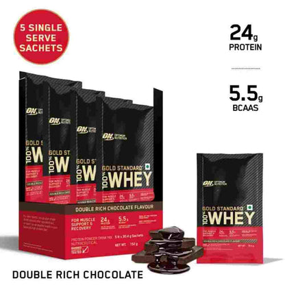 Optimum Nutrition (ON) Gold Standard 100% Whey Protein Powder, Single Serve Sachets - Double Rich Chocolate - (152 gms)
