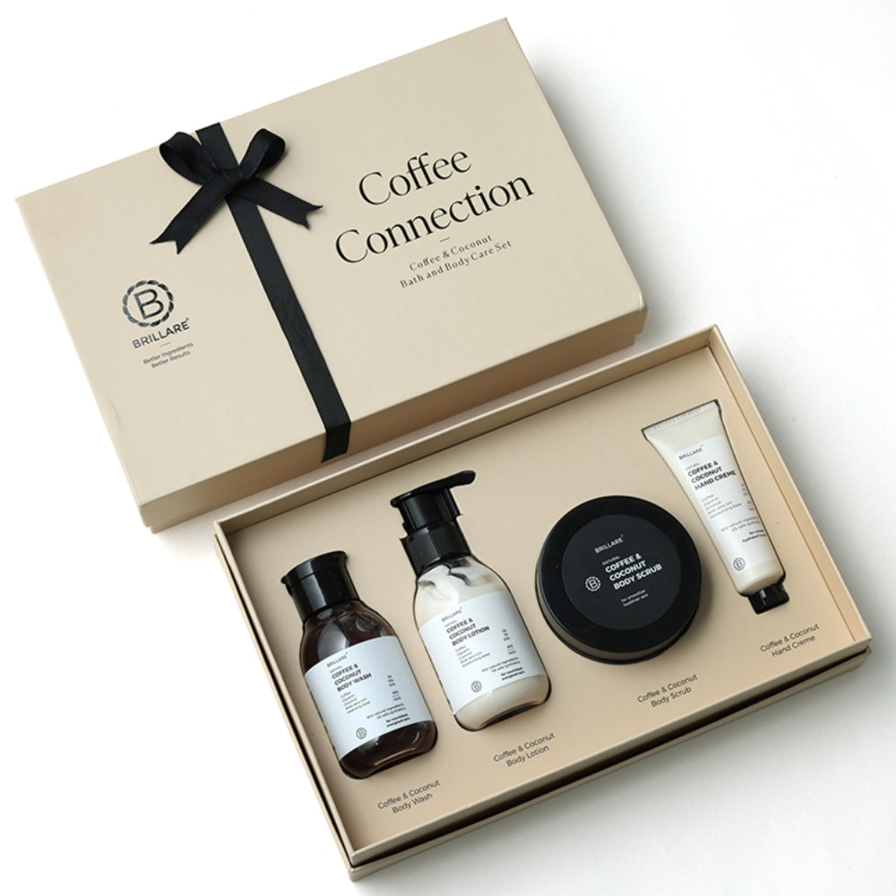 Brillare Coffee Connection Gift Box | Coffee & Coconut Body Wash, Body Lotion, Body Scrub & Hand Creme | Energizing & Nourishing Skincare For All Skin Types (Pack of 4)