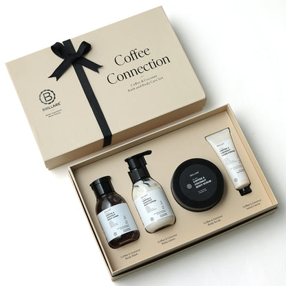 Brillare Coffee Connection Gift Box | Coffee & Coconut Body Wash, Body Lotion, Body Scrub & Hand Creme | Energizing & Nourishing Skincare For All Skin Types (Pack of 4)
