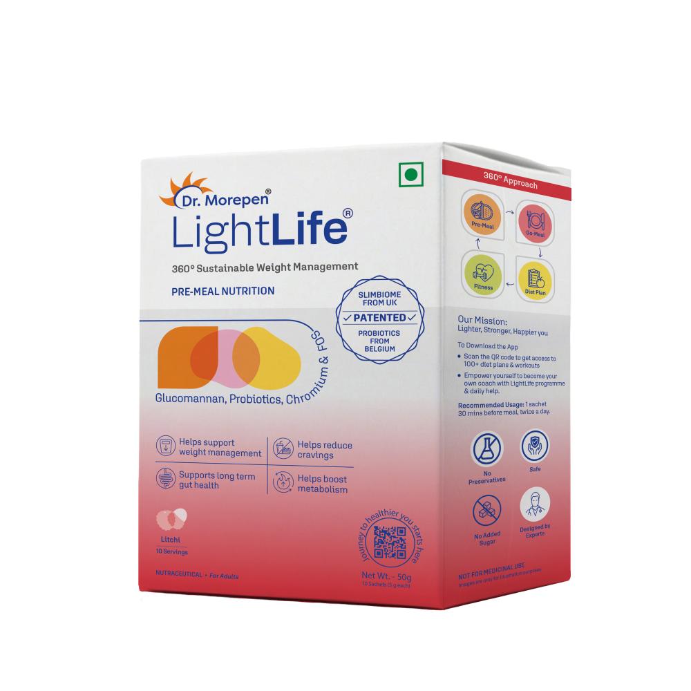 Dr. Morepen LightLife Pre-Meal Nutrition Mix, Litchi Flavor - 5g Each (10 Sachets)