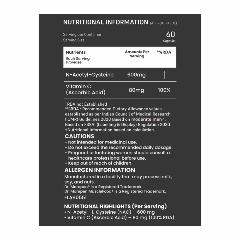 Dr. Morepen Muscle Food NAC N-ACETYL-L CYSTEINE Advanced antioxidant support for detox, immunity, and recovery- 60 Capsules