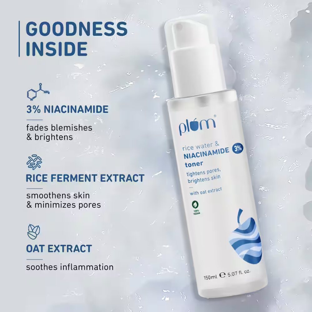 Plum 3% Niacinamide Alcohol-Free Toner with Rice Water, Reduces Pores & Blemishes for Bright Skin (150ml)