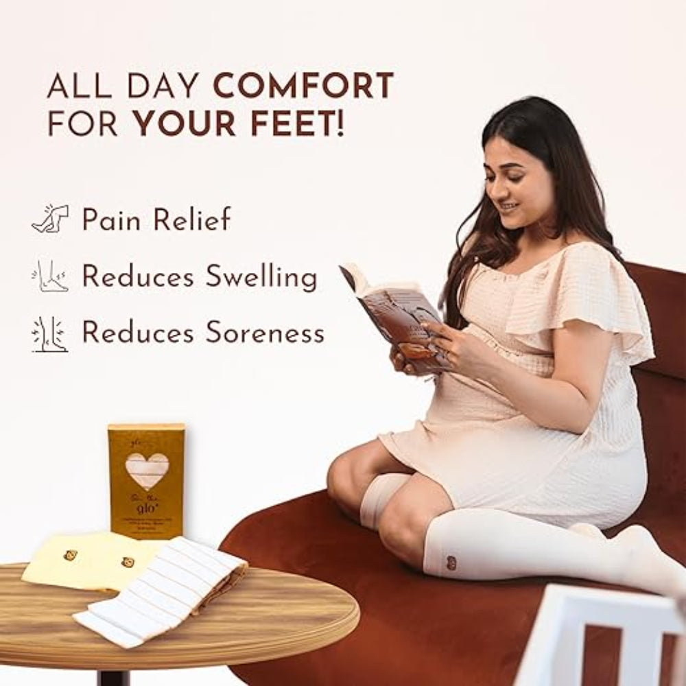 GLO Mama ‘On The Glo’ Compression Stockings for Pregnant Women - Off White- Plain- Large Size