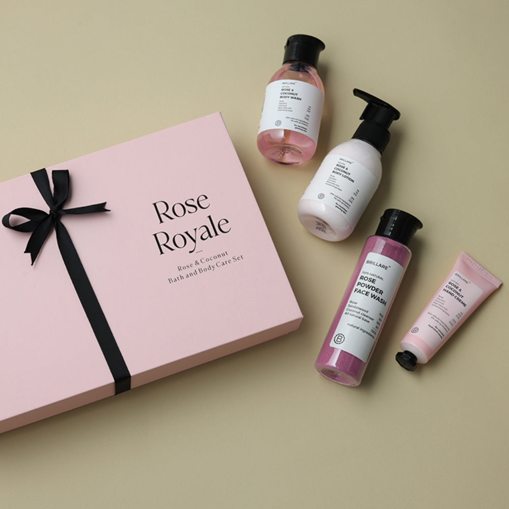 Brillare Rose Royale Gift Box | Rose & Coconut Body Wash, Body Lotion, Rose Powder Face Wash & Hand Crème | Luxurious & Nourishing Skincare For All Skin Types (Pack of 4)