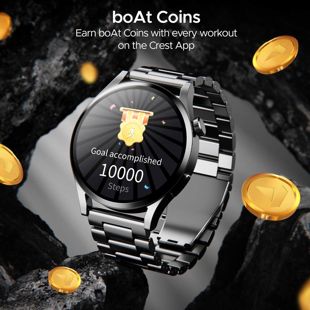 boAt Lunar Embrace w/ 1.51" (3.8 cm) AMOLED Display, BT Calling, Functional Crown, Metal-Built, 100+ Sports Mode, Animated Watch Faces, Built-in Games, Smart Watch for Men & Women (Steel Black)