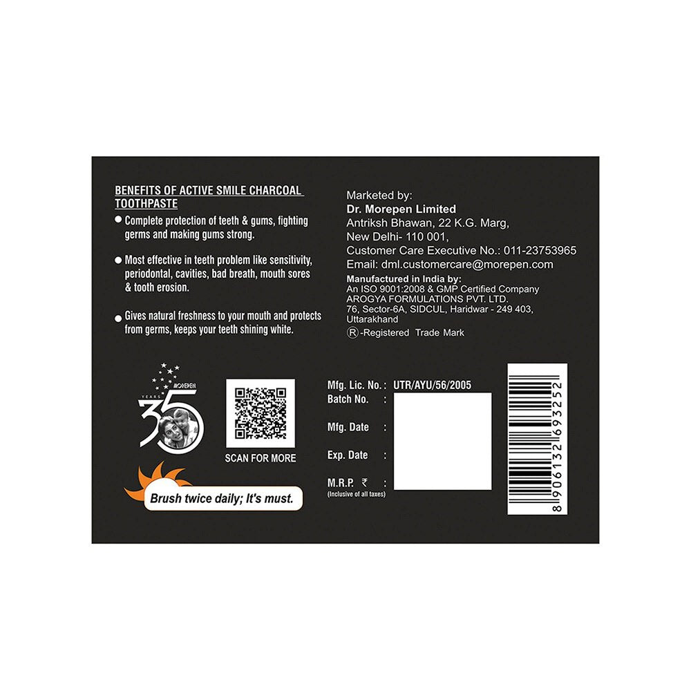 DR. MOREPEN Active Smile Charcoal Toothpaste for Teeth Whitening & Bad Breath Removal (100 gms)