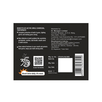 DR. MOREPEN Active Smile Charcoal Toothpaste for Teeth Whitening & Bad Breath Removal (100 gms)