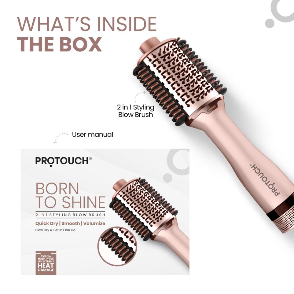 PROTOUCH Born To Shine 2-in-1 Styling Blow Brush - Hair Dryer & Volumizer Brush - Straightens, Smooths & Adds Shine - Ceramic Barrel - 1200W - For All Hair Types - No Heat Damage