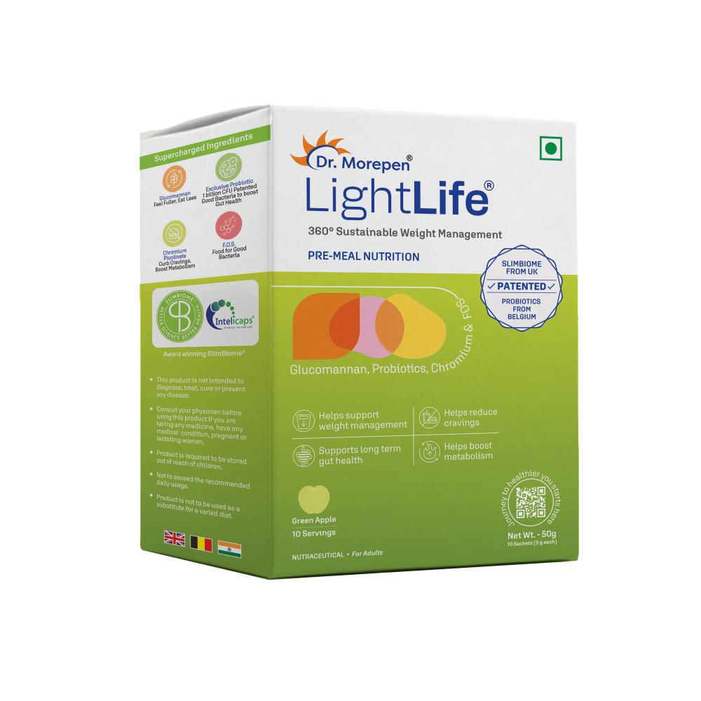 Dr. Morepen LightLife Pre-Meal Nutrition Mix | Sustainable Weight Management Support for Men & Women | Appetite Control & Metabolism Booster | 10 Sachets (5g Each) | Flavor-Green Apple