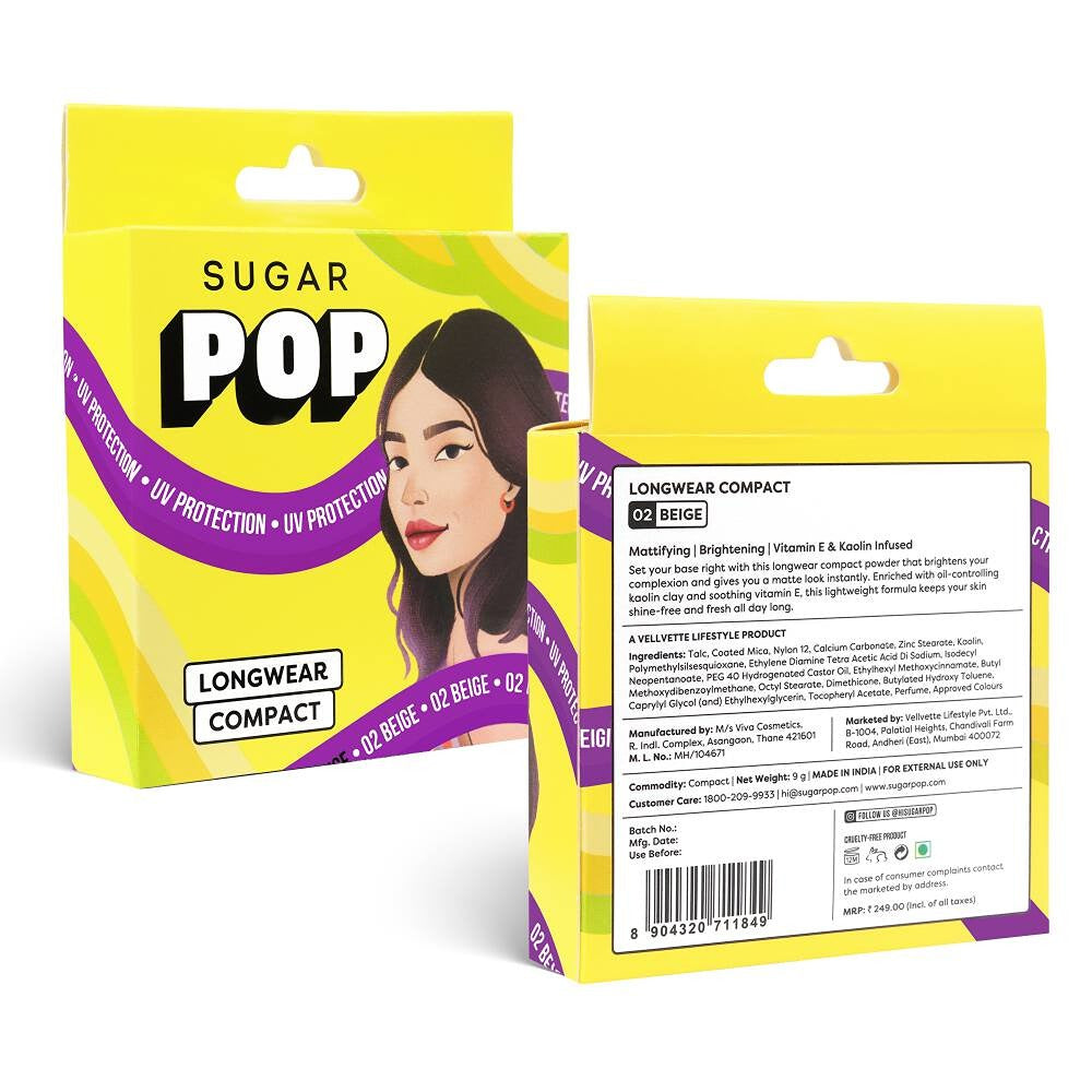SUGAR POP Longwear Compact 02 Beige, UV Protection, Pore Minimizing, Medium Coverage