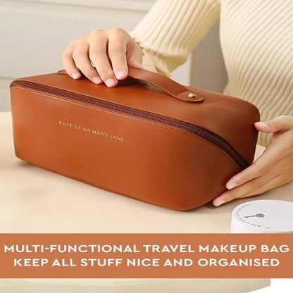 GUBB Multifunctional Travel Makeup Bag - Large Capacity Portable Leather Makeup Bag with Convinient & Durable Handle - Cosmetics Storage Bag with Waterproof PU Leather Fabric - Brown