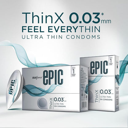 Manforce Epic Thinx Lubricated Latex Condoms for Men - Ultra Thin with 0.03 mm Thickness (10 pcs)